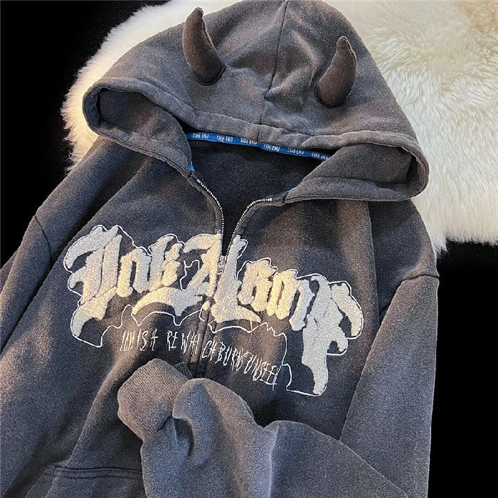 saferido Y2k Little Cute Devil Horns Zip Up Hoodie Women Men Fall Long Sleeve Flocking Letter Hoodies Casual Zipper Oversized Jacket Coat