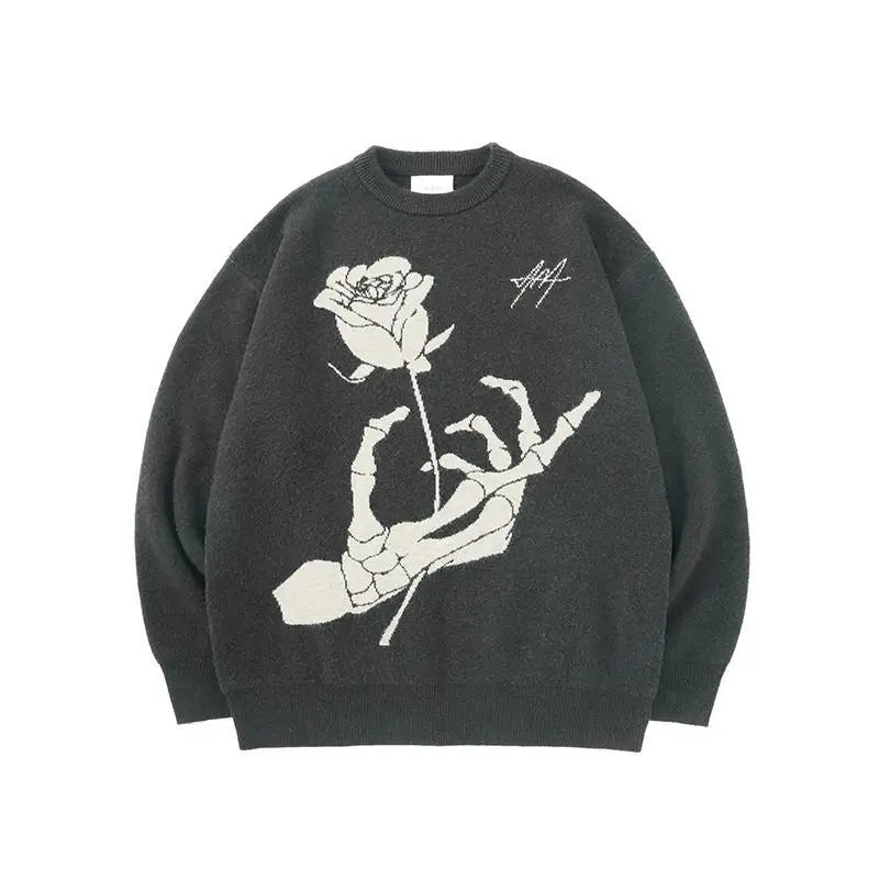 saferido Sweater Rose Skeleton Sweater Men's Autumn and Winter American Vintage Jacquard Loose and Lazy Couple Knitwear Men's and Women's