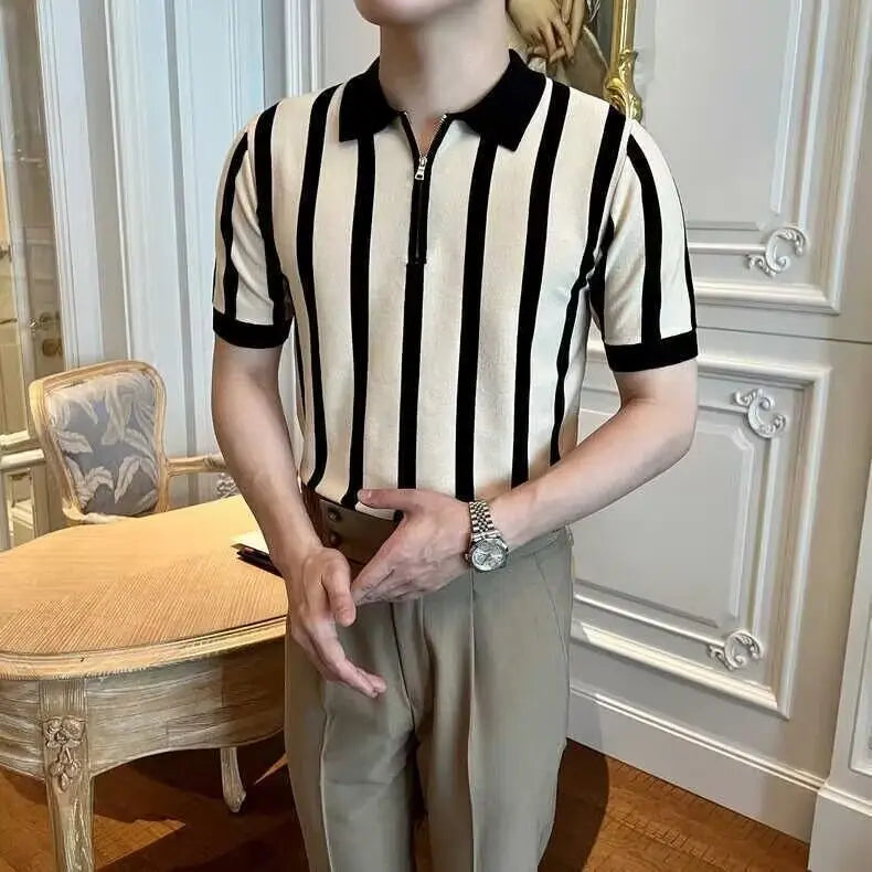 Summer Short-sleeved Knitted Polo T Shirt for Men Korean Version Retro Striped Lapel Zipper Casual T-shirt Male Polo Shirts