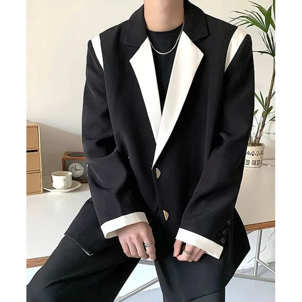 Men Blazer Patchwork Lapel Long Sleeve Streewear Button Loose Csual Suits Korean Fashion Men Thin Coats M-2XL