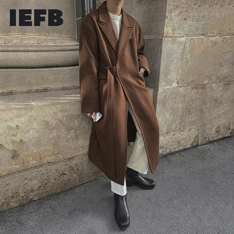 saferido Men's And Mixtures Coat Autumn Winter Mid Long Thickened Korean Trend Loose Overcoat Male New Bandage Waist