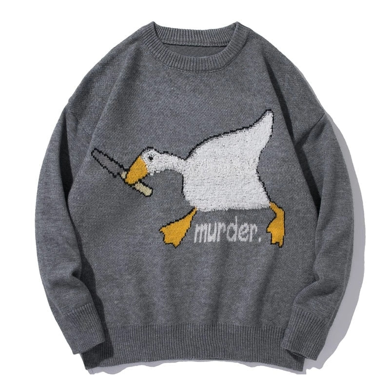Men Harajuku Sweater Cartoon Spoof Goose Print Pullover Casual O-neck Knitted Top Hip Hop Loose Sweater Couple Streetwear Fall