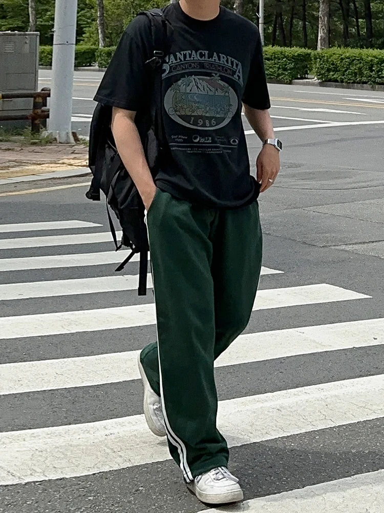 saferido 2024 Summer Men's Contract Color Striped Sweatpants New Korean Style Elastic Waist Wide Leg Pants Fashion Male Trousers