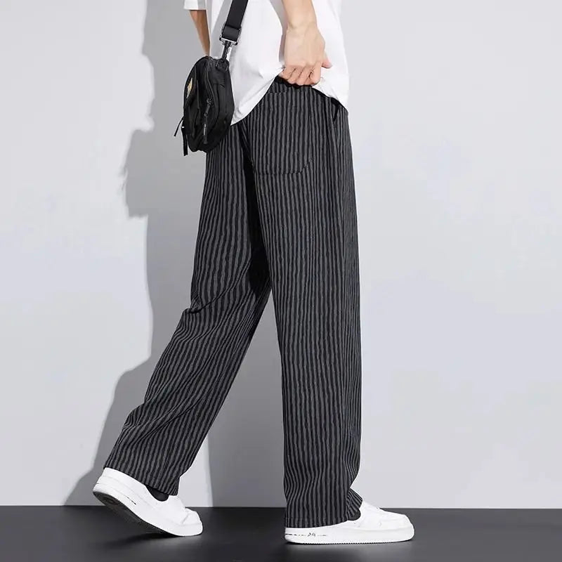 saferido Korean Version Streetwear Fashion Men Stripe Wide Leg Pants Summer Male Harajuku Loose Casual Elastic Waist Straight Trousers