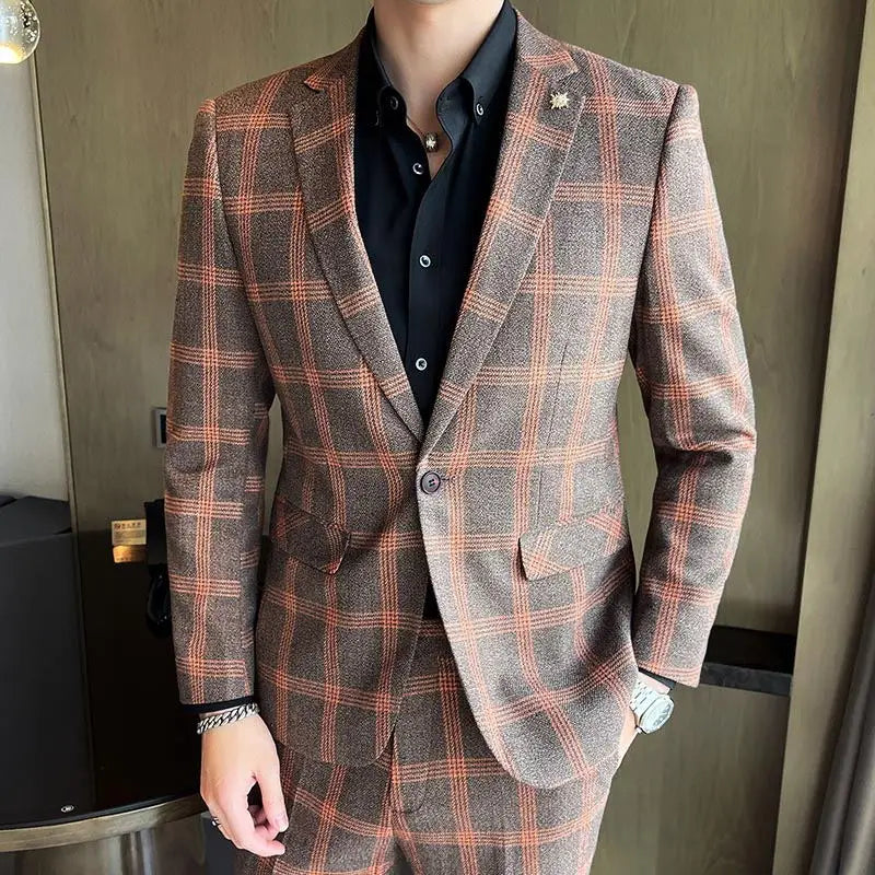 Boutique 5XL (Blazer + Trousers) Men's Fashion Business Casual British Style Gentleman Elegant Plaid Dress Formal 2-piece Set