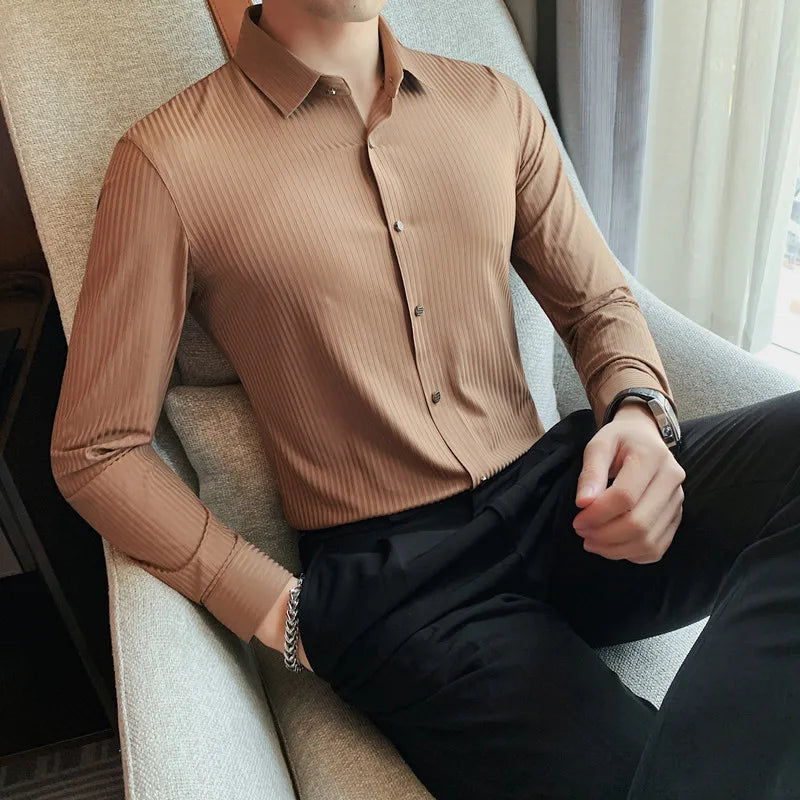saferido Spring Autumn Long Sleeve Men Vintage Shirts Fashion stripe Slim Fit Korean Mens Shirt Luxe Homm Office Dress Shirts S-4XL