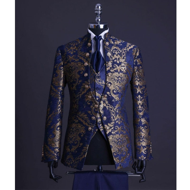 Floral Jacquard Wedding Suits for Men with Stand Collar Double Breasted Navy Blue Formal Groom Tuxedo Jacket Vest Pants 3 Piece