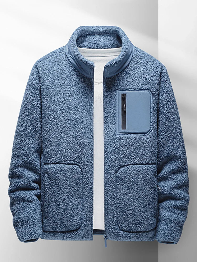 saferido New Men's Winter Jacket Korean Fashion Stand Collar Zip Pockets Thicken Fleece Lined Warm Coat