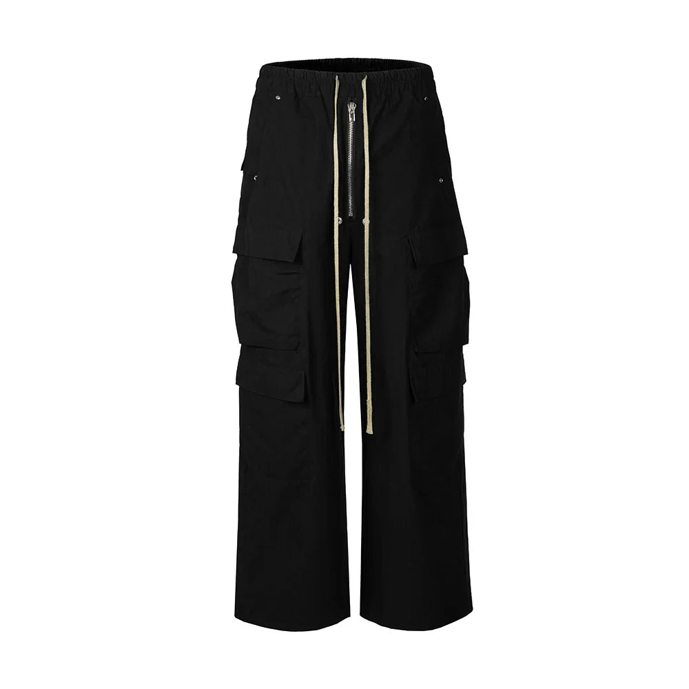 saferido Wide Leg Drawstring Black Cargo Pants Unisex Straight Baggy Casual Overalls Men's Streetwear Loose Oversized Trousers