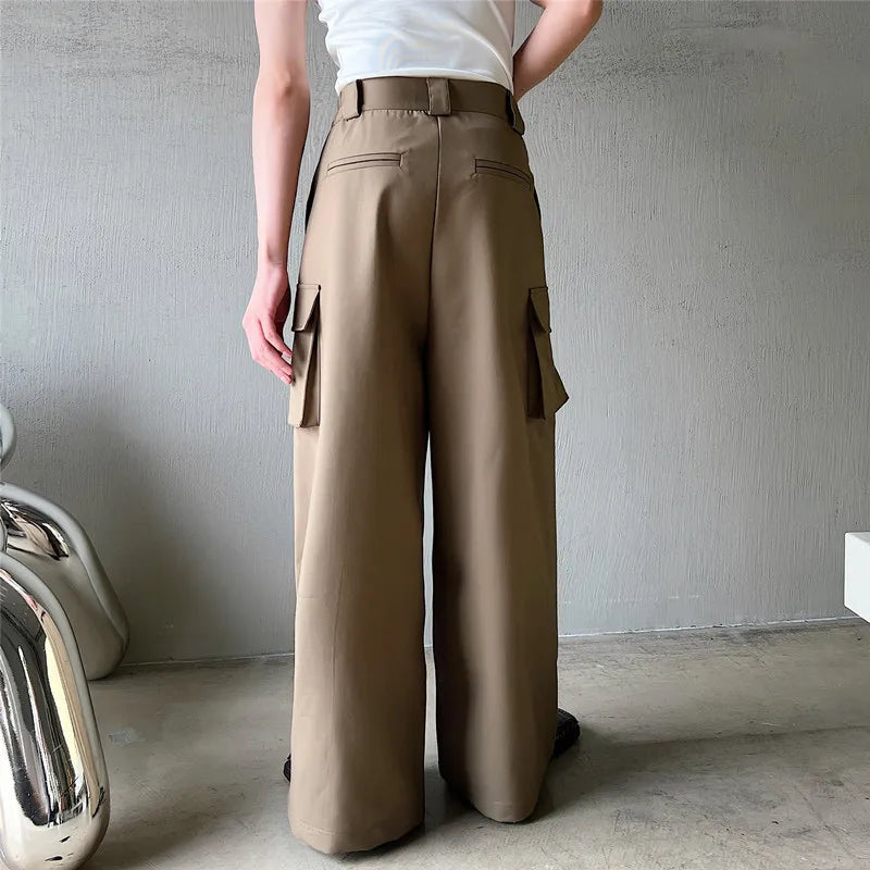 saferido Men's Casual Wide Leg Trousers Korean Style New High Waist Metal Piece Pocket Decoration Fashionable Pants Plus Size S-XL