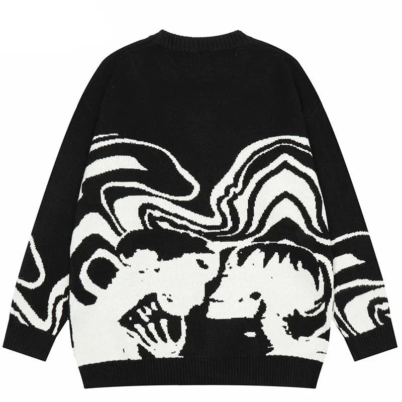 Men Streetwear Sweater Retro Painting Skull Graphic Hip Hop Knitted Sweater Vintage Pullover Casual Wool Sweater Hipster