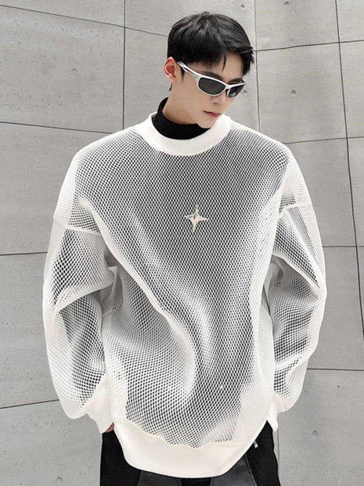 Hollowed Out Mesh Design Long Sleeve Men Sweatshirt 2023 New Autumn Korean Fashion Long Sleeve Male Tops 9A4936