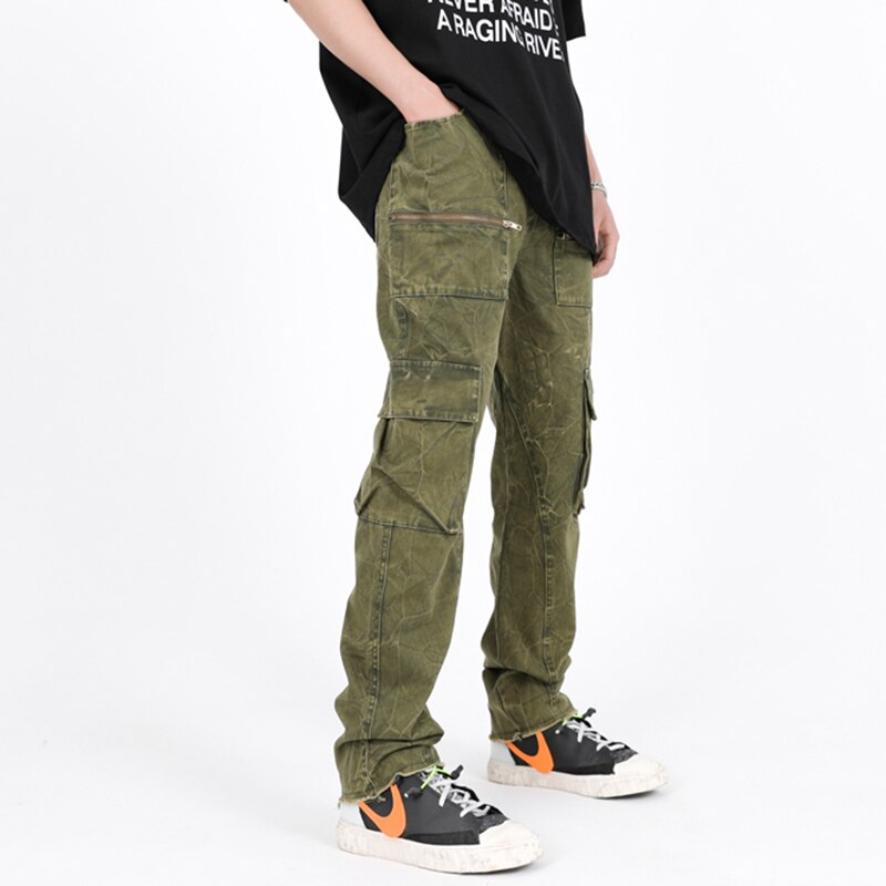 Spring Autumn Men's Deckle Edge Design Vintage Cargo Pants Elastic Waist Tide Straight High Street Casual Overalls 12A7537