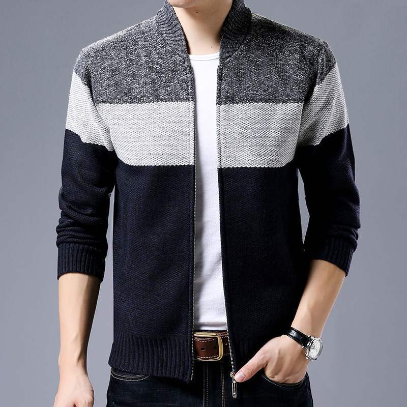 Spring Winter New Men's Cardigan Single-Breasted Fashion Knit Plus Size Sweater Stitching Colorblock Stand Collar Coats Jackets