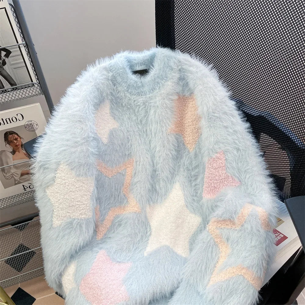 saferido Y2K Mohair Sweater Men Kawaii Sweet Knitted Pullovers Jumpers Long Sleeve O-Neck Sweater Male Korean Japanese Streetwear
