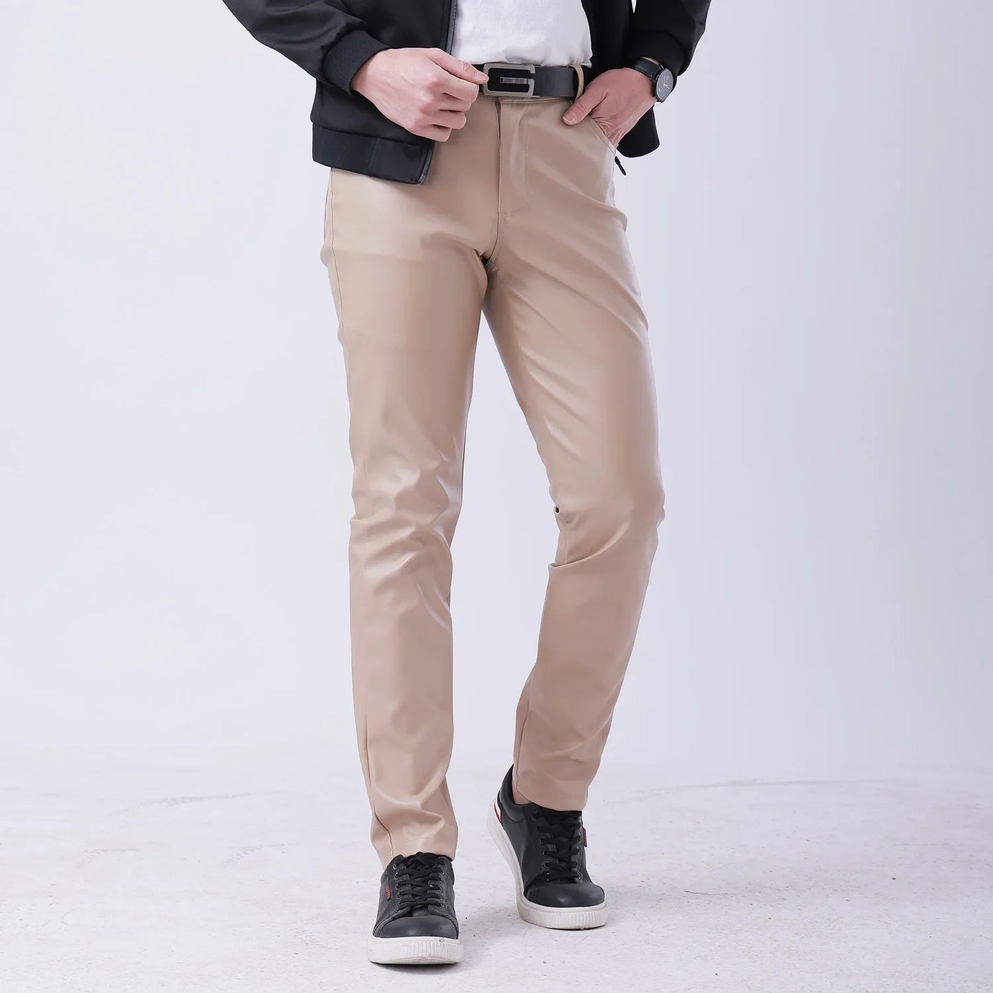 saferido Thin Leather Pants Men's Moto Pants Spring Summer Fashion Color Elastic Slim Fit PU Trousers Windproof Waterproof Man Bottoms