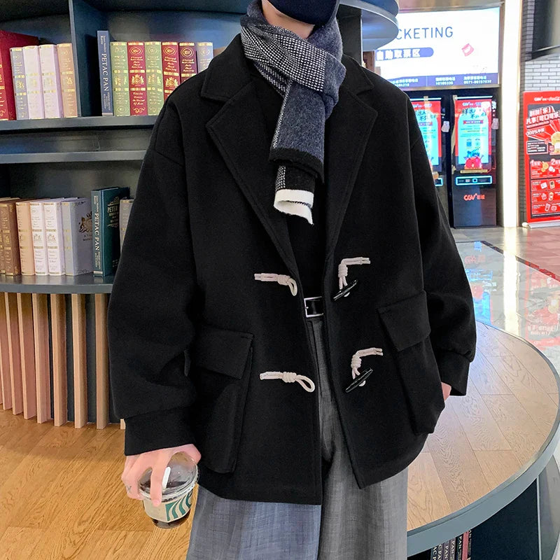 saferido Men Black Streetwear Button Jacket Overcoat Men Oversized Wool Blends Coat Winter Graphic Korean Fashion Trench Coat