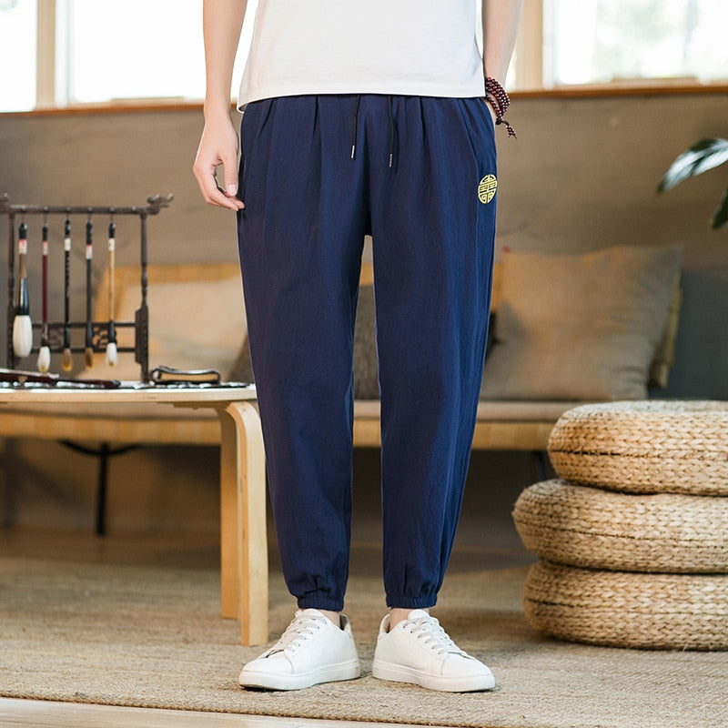 Summer Casual Chinese Style Cotton Linen Ninth Pants Men Fashion Embroidery Loose Harem Pants Men's Street Jogging Pants