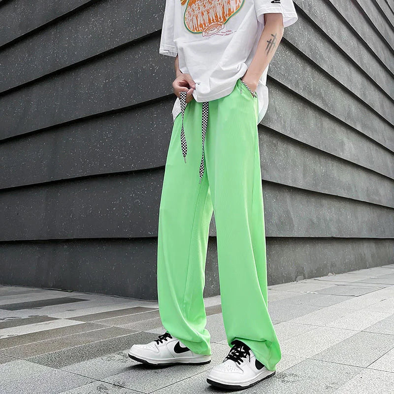 saferido Casual Ice Silk Mopping Pants Mens Four Seasons Fashion Sports Trousers Thin Solid Color Loose Straight Wide Leg Pants Oversize