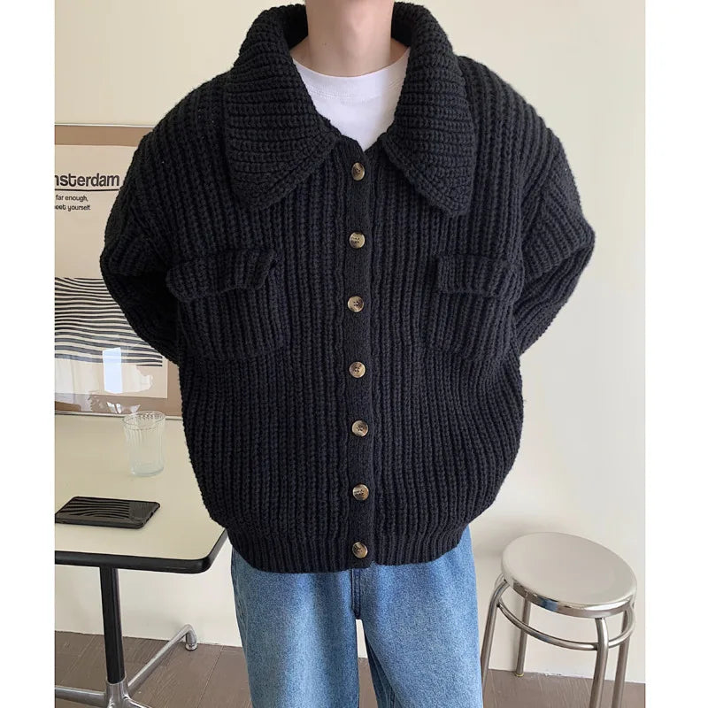 saferido Winter Thick Cardigan Sweater Men Warm Fashion Short Sweater Coat Men Korean Loose Lapel Sweater Cardigan Mens Jumper Clothes