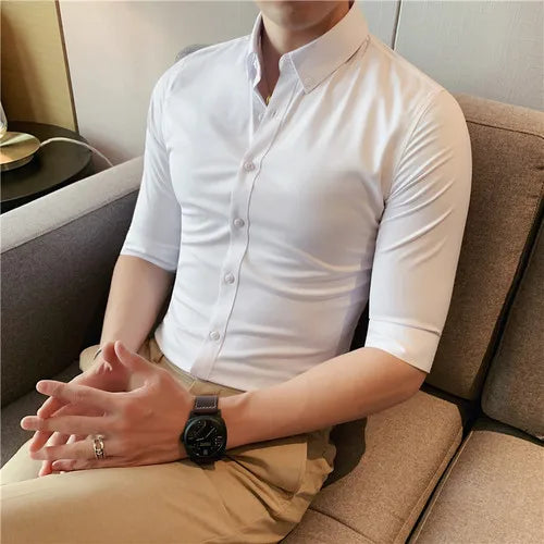 saferido British Style Men Social Shirts Short Sleeve Tuxedo Classic Contrast Collar Striped Solid Shirt for Men Business S-5XL
