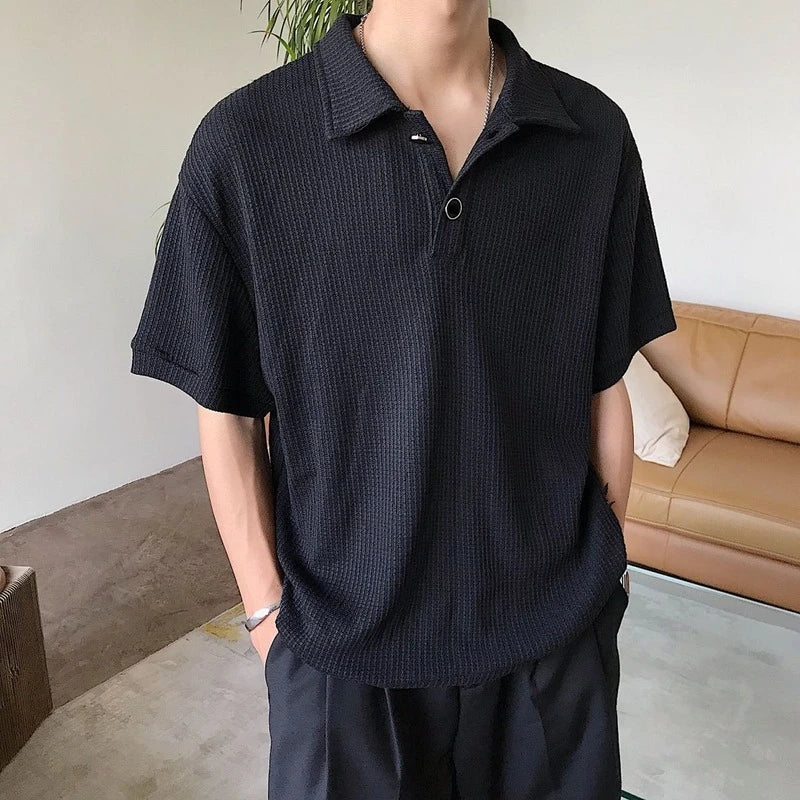 Korean Fashion Simple Short Sleeve Waffle Polo Shirt Men Advanced Texture Good Quality Lapel Loose Casual Solid Color Trend Top