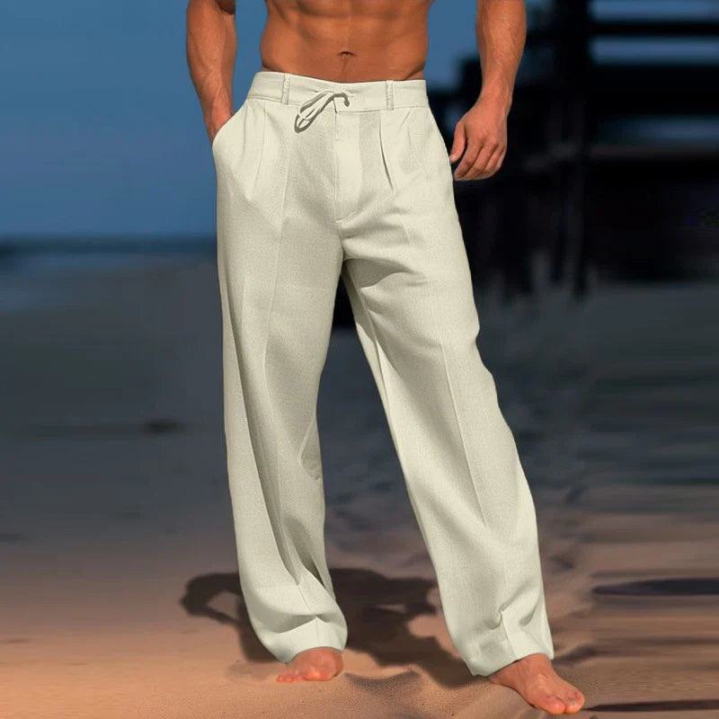 Fashion Tie-up Drawstring Trousers For Men Summer Solid Color Cotton Linen Casual Pants Mens Spring Leisure Loose Straight Pants