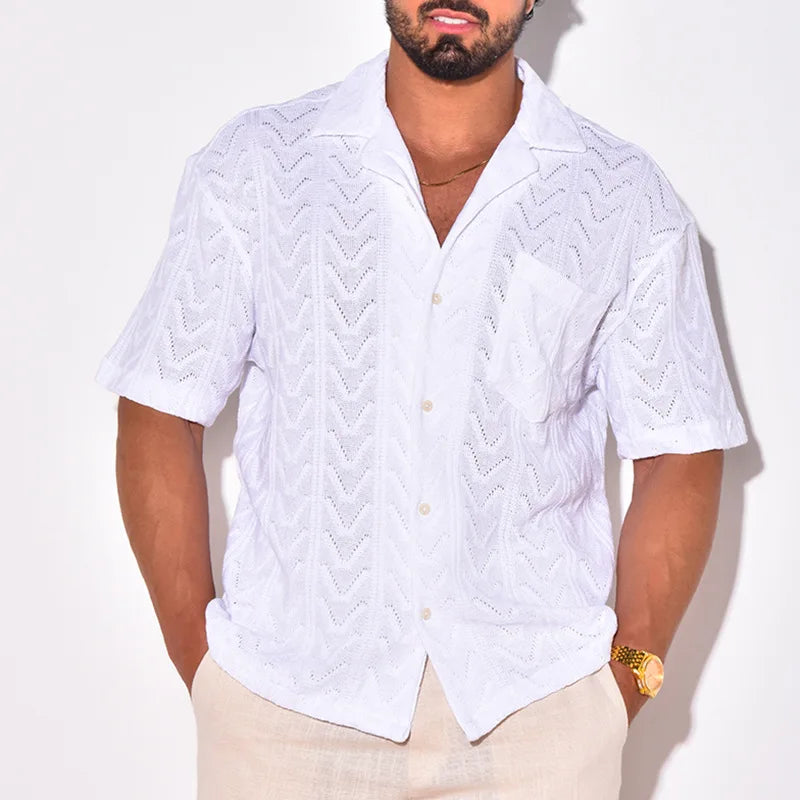 saferido Spring Summer Knit Jacquard Mens Shirt Short Sleeve Lapel Casual Loose Tops Fashion Vintage Knitwear Clothing For Men Streetwear