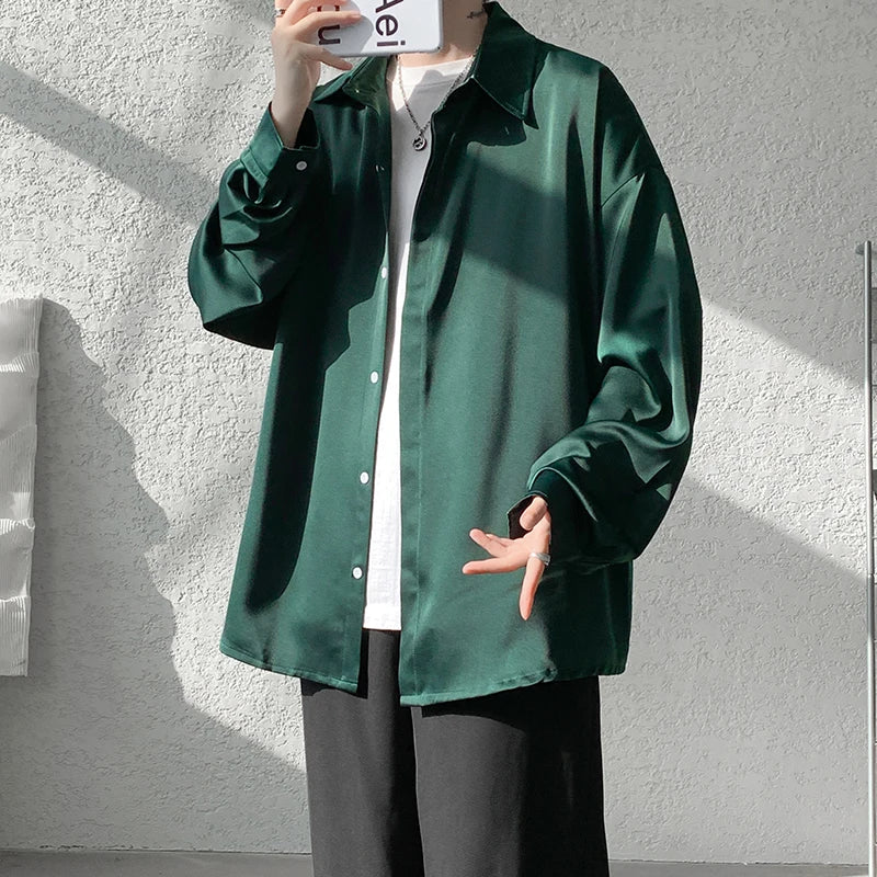 saferido Korean Fashion Ice Silk Shirts for Men Spring Summer Solid Color Long Sleeve Casual Loose Comfortable Button Up Shirt 5XL-M
