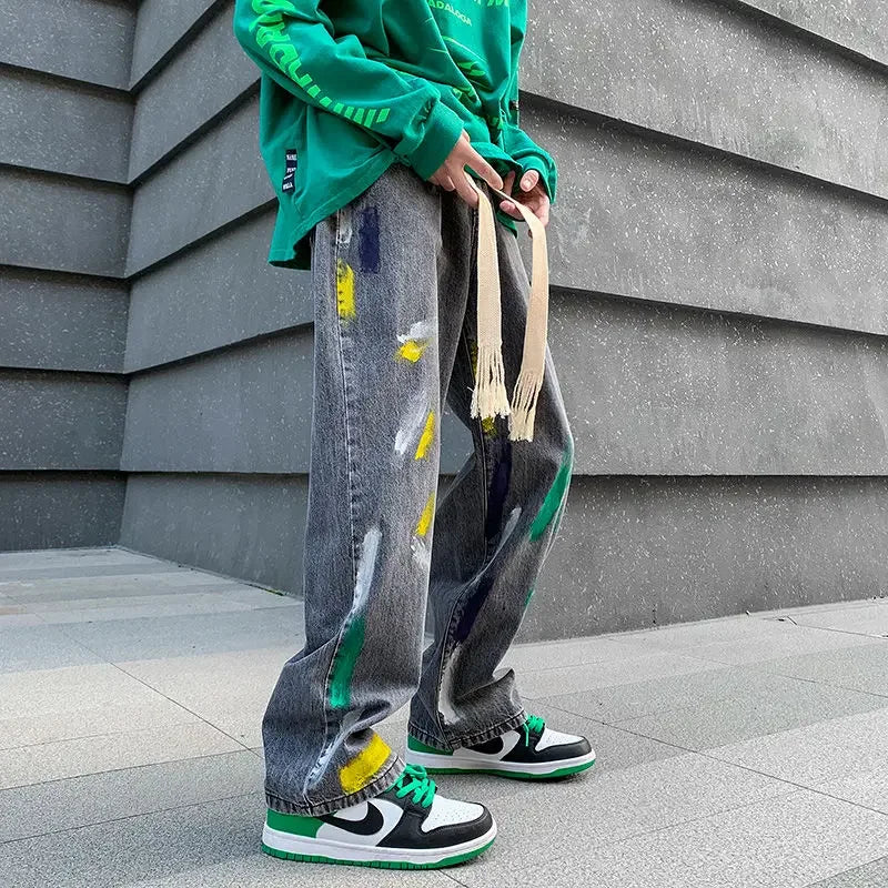 saferido Men's Jeans Painted Y2k Streetwear Trousers Harajuku Man Cowboy Pants Straight Tie Dye Hip Hop Y2k Vintage Stacked Cotton