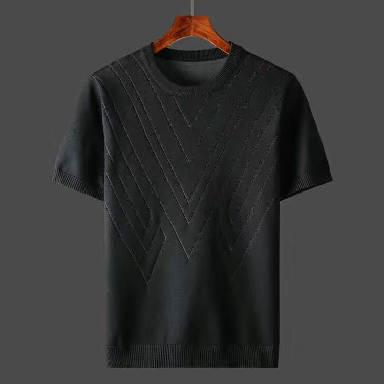 Summer Men T-shirt Knitted Short Sleeves Top Sweater Men's Solid Color O-neck Pullover Thick Slim Knitted Tees D215