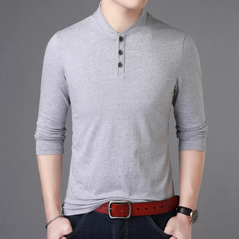 saferido New Spring Autumn Casual Men T Shirt Cotton Long Sleeve Stand Collar Tops Tees Mens Slim Fit Solid Color Tshirt Men Clothing