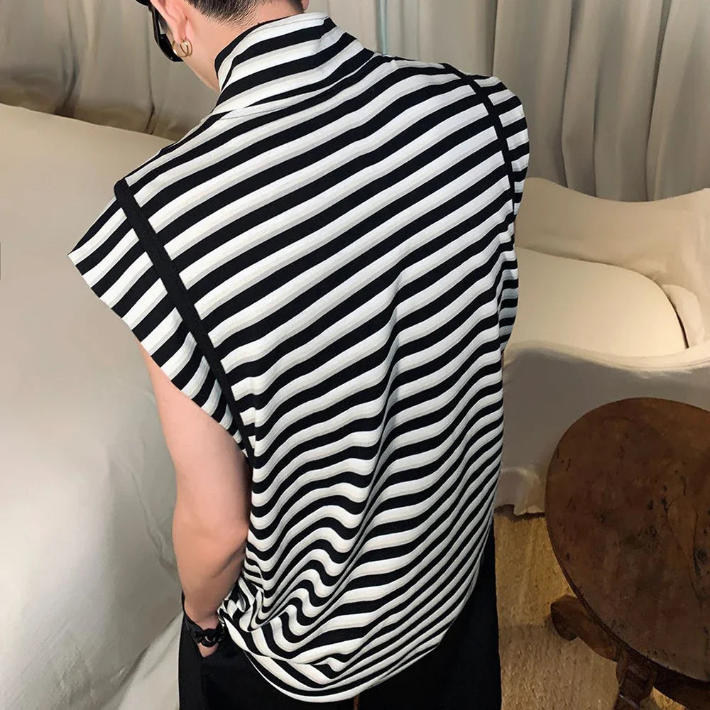 saferido Mens Japanese Striped Casual Vest 2024 New Genderless Fashion Youth Trend Versatile High Collar Sleeveless Tank Top Unisex