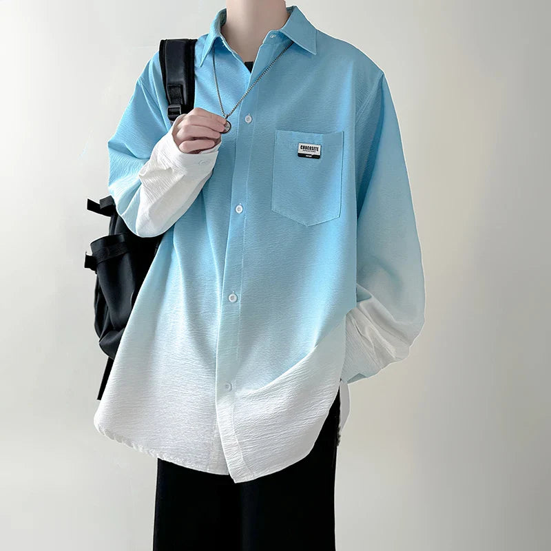 saferido Men's shirt Gradient Plicated Long Sleeve Shirts Loose Korean Shirt Fashion Casual Oversize Shirt Coat High Quality Clothing