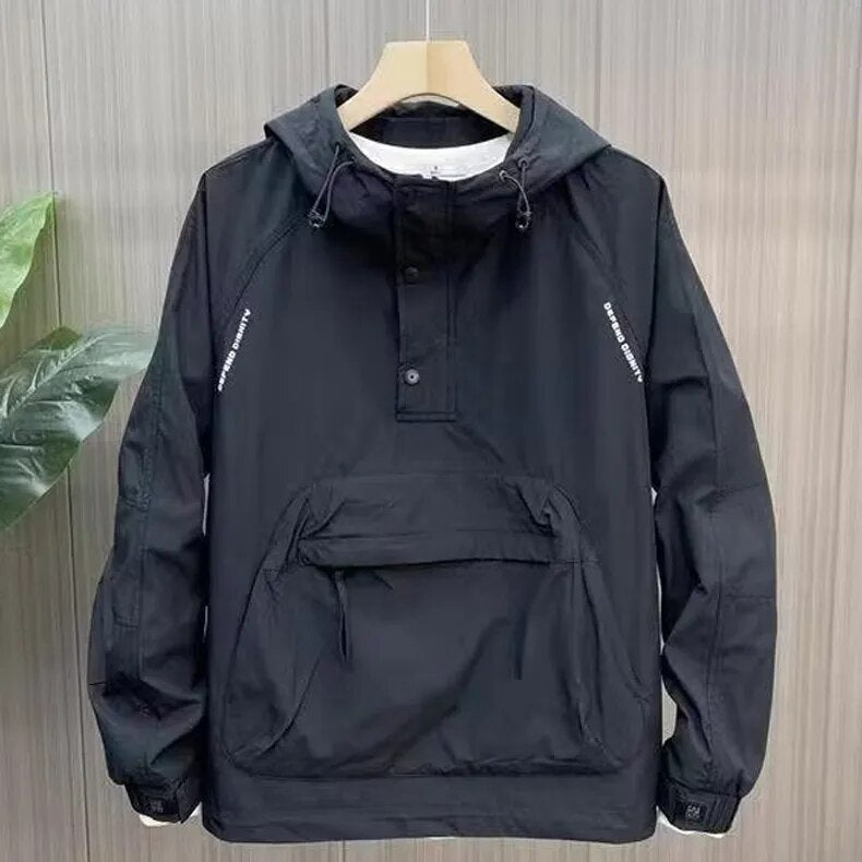 New Luxury Autumn Men's Jacket Korean Fashion Half-zip Fashion Hooded Outdoor Jacket Mens Spring Black Coat Pocket Sportswear