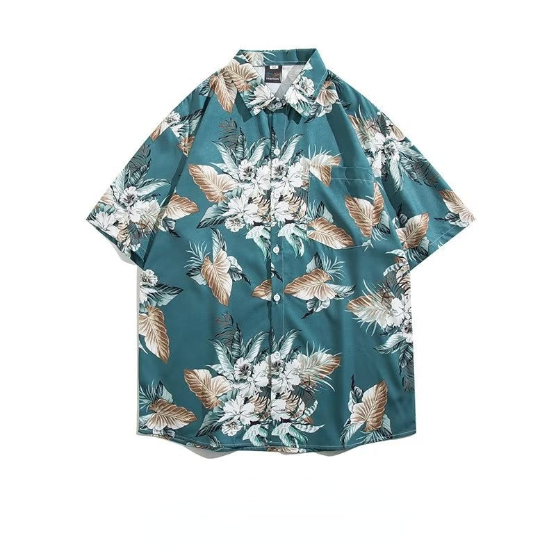 Couple Japanese Shirt Harajuku Oversized Short Sleeve Shirt for Men Women Hawaiian Print Flower Shirt Geometric Streetwear
