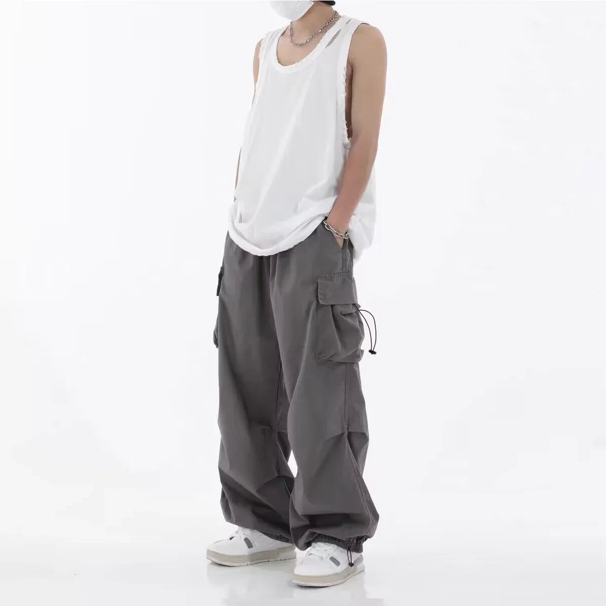 saferido Spring Summer Fashion Casual Pans For Men Streetwear Solid Color Cargo Pants Elastic Waist Wide Leg Men's Joggers