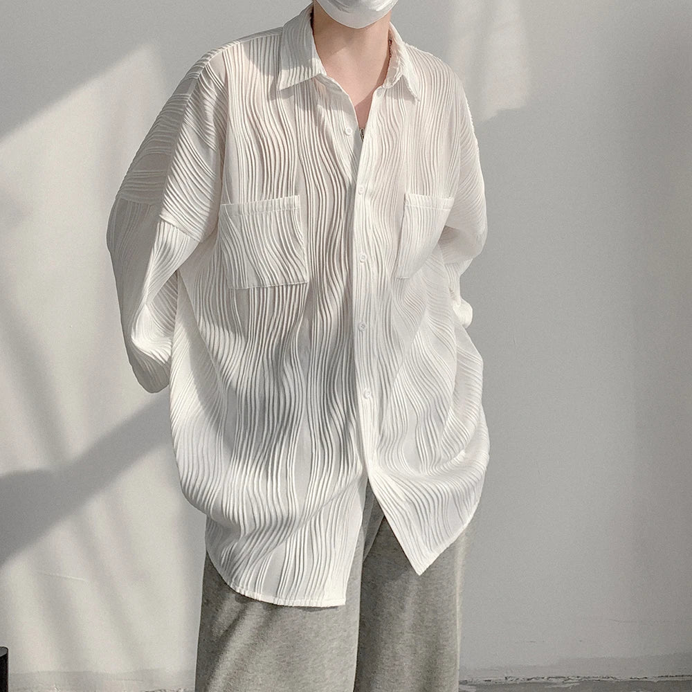 saferido Spring Black White Pleated Shiert Men Fashion Oversized Casual Shirt Men Korean Loose Pocket Long Sleeve Shirts Mens Dress Shirt