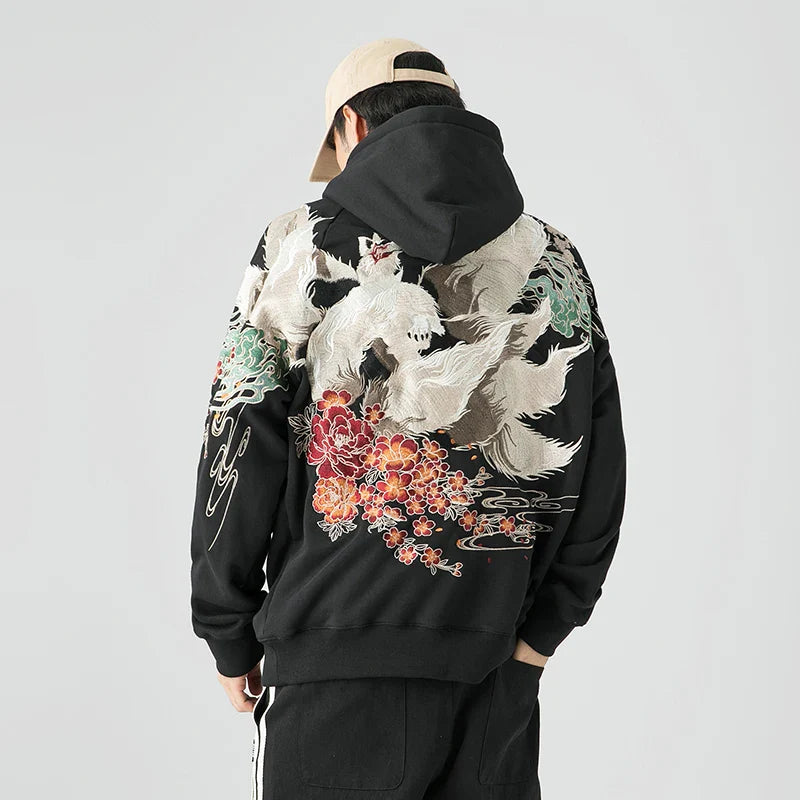 Men Streetwear Fleece Hoodie Sweatshirt Embroidery Flower Chinese Kanji Pullover Winter Harajuku Cotton Hooded Hoodie
