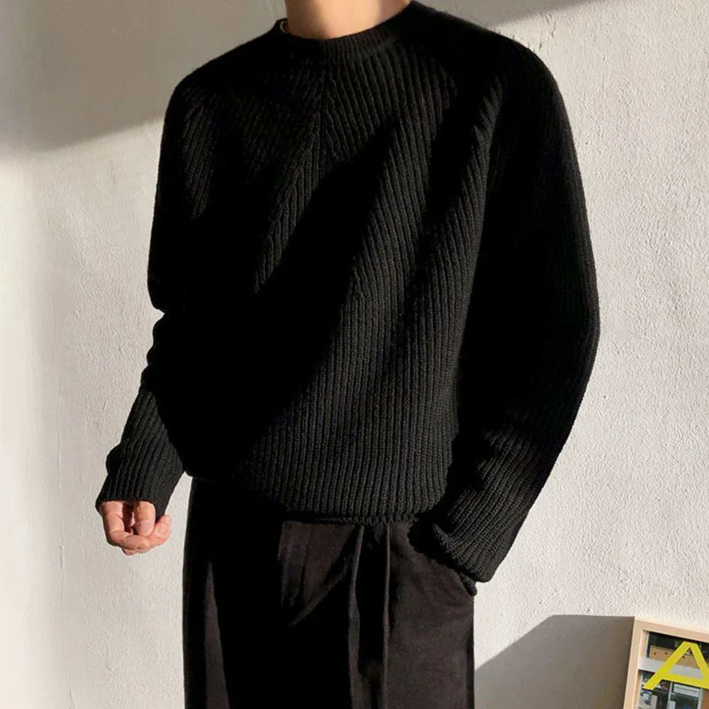 saferido Mens Autumn Winter Korean Style Loose Round Neck Knitted Sweater Gender-Neutral Trendy Casual Solid Color Simple Sweater Unisex