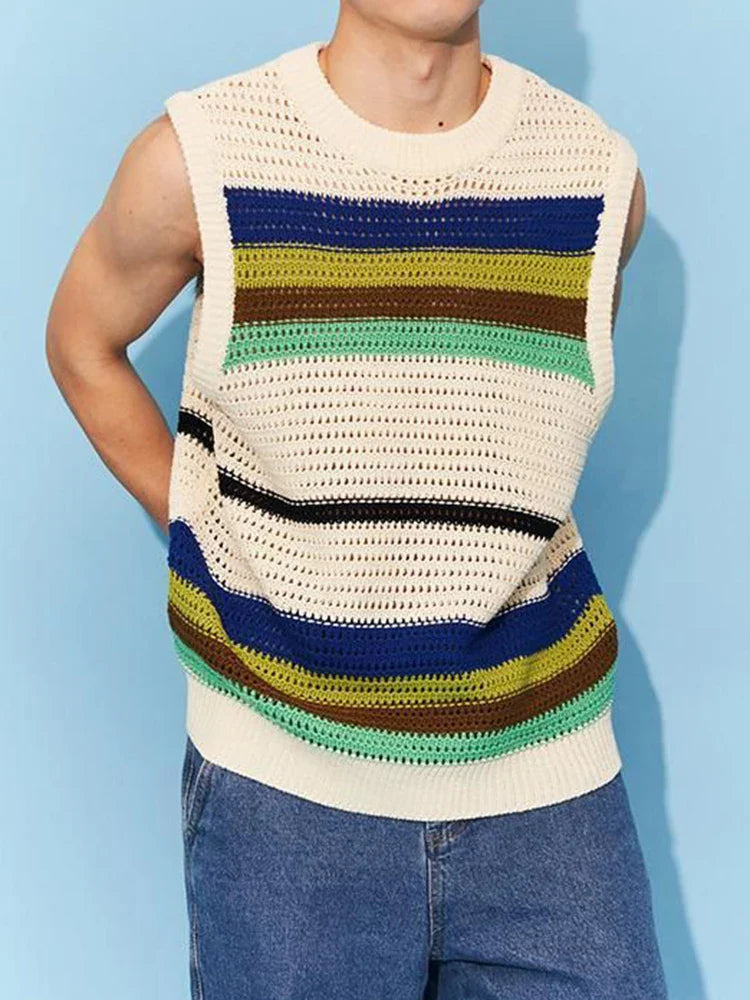 saferido Spring New Hollow Stripe Knitwear Sweater Vest 2024 Contrast Color O Neck Casual Tank Tops Korean Fashion Male Sleeveless Tees
