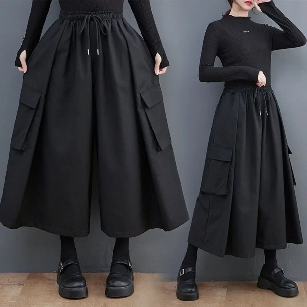 saferido Gothic Style Japanese Casual Large Pocket Culottes Fashion Loose Daily Versatile Elastic Waist Wide Leg Pants Unisex 2024 New