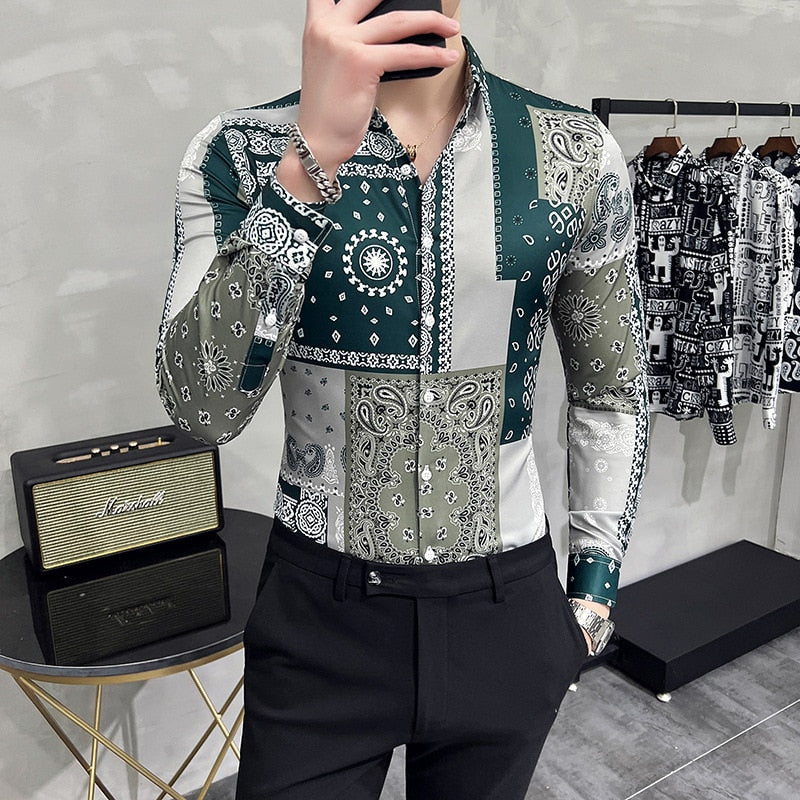 British Style Fashion Green Printed Shirts Men Retro Slim Fit Long Sleeve Floral Shirt Streetwear Homme Social Party Clothing