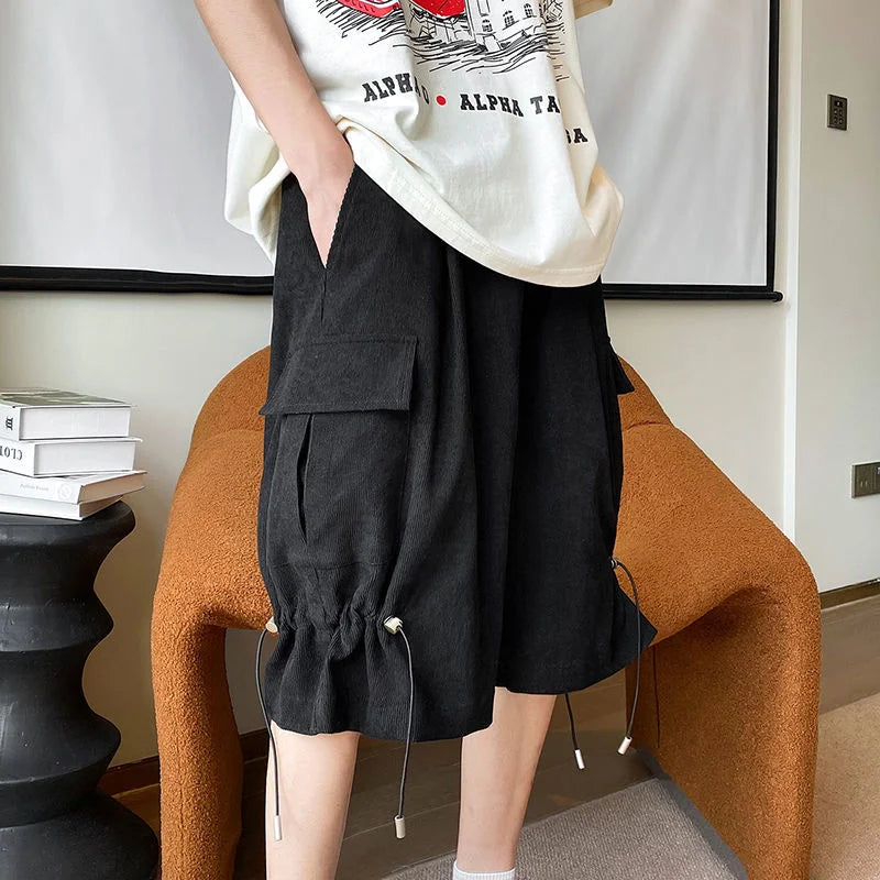 saferido Solid Loose Shorts Summer Straight Wide Leg Casual Pants Oversize Simple Fashion Pocket Drawstring Five Points Pleated Pants Men