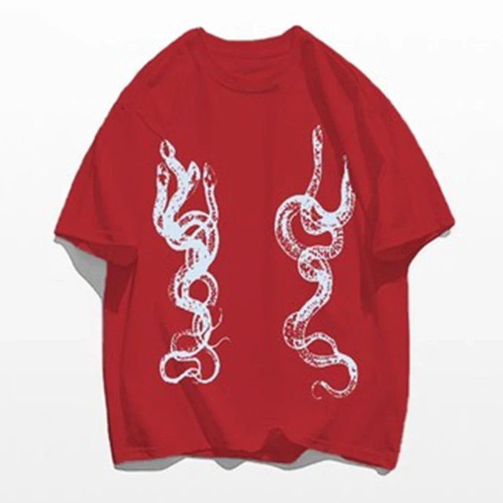 saferido Men's Casual T-Shirt Fashionable Trendy Hip-Hop High Street Y2k Retro Snake Pattern Loose Cotton Top 2024 Spring And Summer