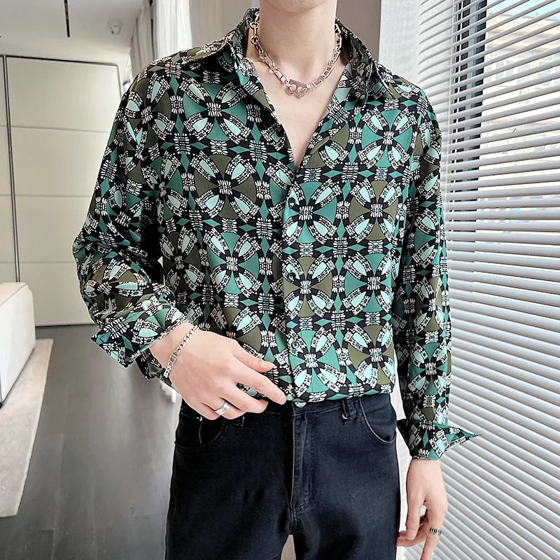 New Summer Men's Printed Shirts Oversized Clothing Casual Long Sleeve Striped Plaid Vintage Thin Draped Stretch Hawailan Blouses