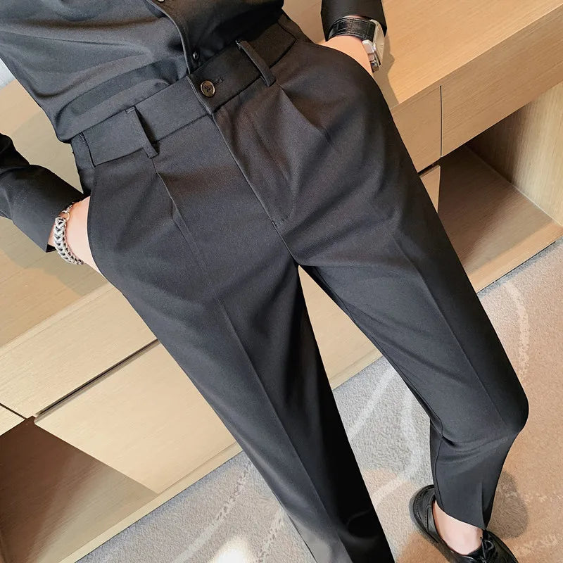 saferido British Style Men High Waist Casual Business Dress Pants Streetwear New Fashion Social Belt Decoration Slim Fit Suit Pants