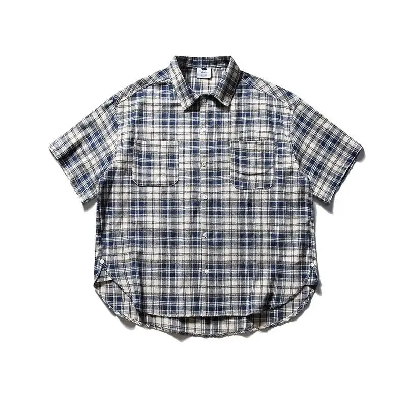 Summer Retro Men Set Checkered Fashion Short Sleeved Shirt+Big Pocket Washed Denim Shorts 2-piece High Street Trendy Unisex Suit