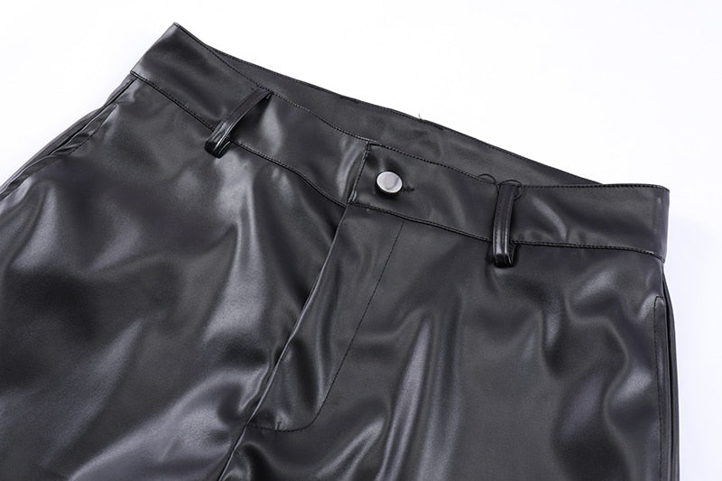 Hip Hop Mens Pleated Pu Leather Pants Harajuku Retro Streetwear Loose Ruched Casual Trousers Straight Solid Color Black Pants