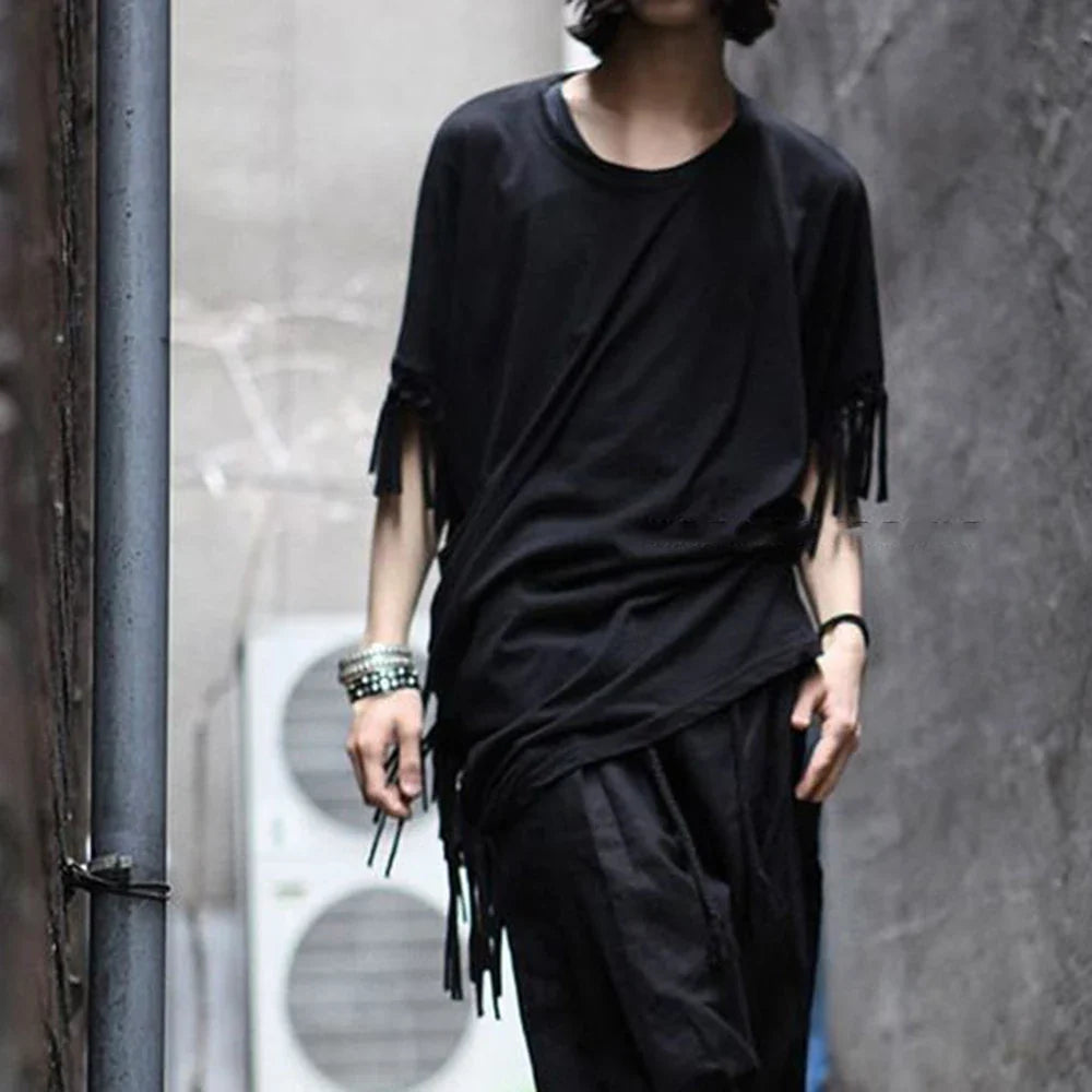 saferido 2024 New Men T Shirt Tassel Solid Color Cloak Punk Style Streetwear Fashion Irregular Tops O-neck Loose Casual Cape Camisetas
